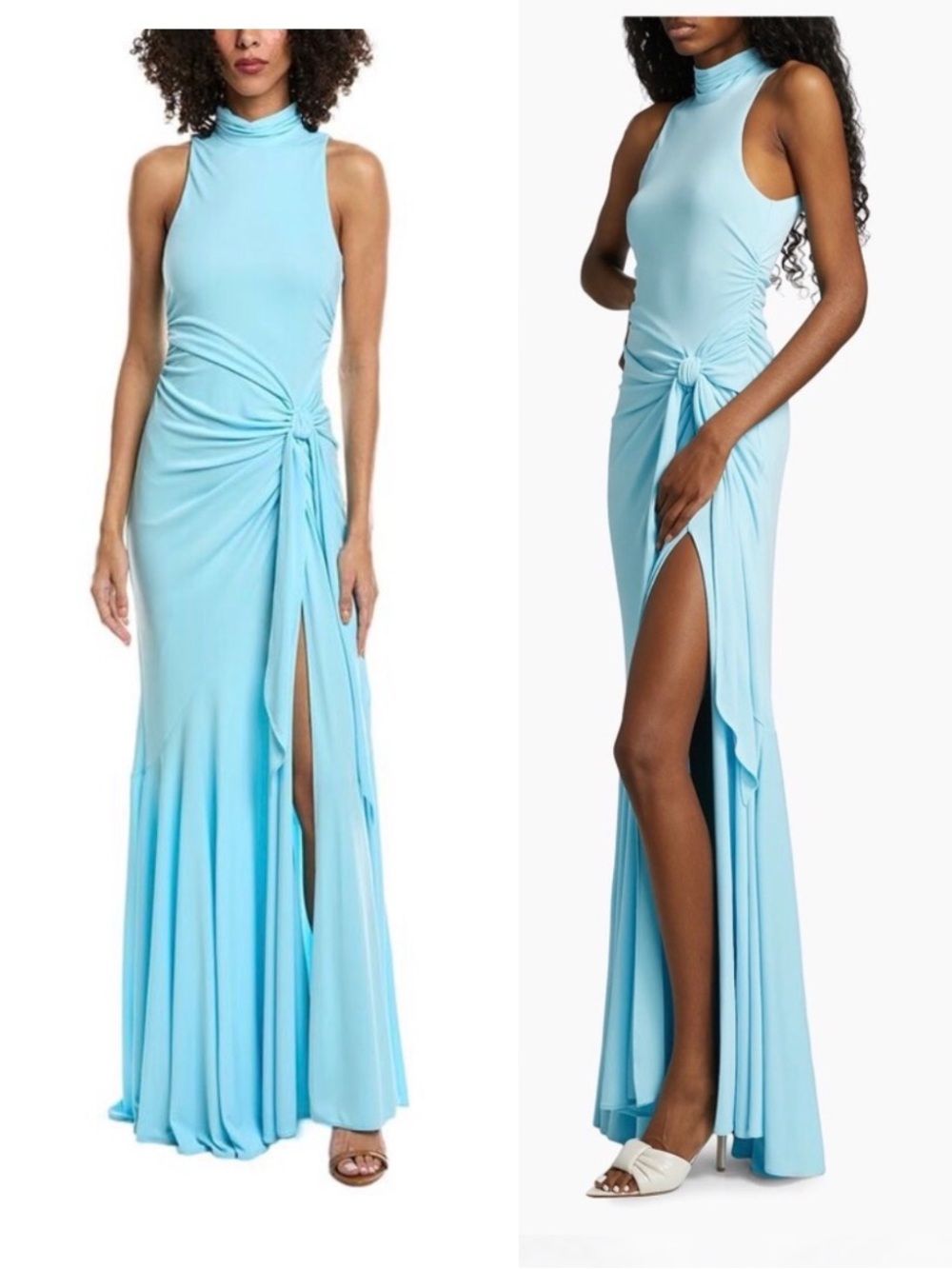 cinq a sept Rori High Neck Knot Waist Gown Light Blue Front Slit Maxi Elegant